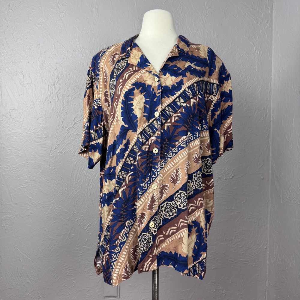 Vintage women 80s 90s Brown Navy palm leaf aloha style shirt 80s Party costume